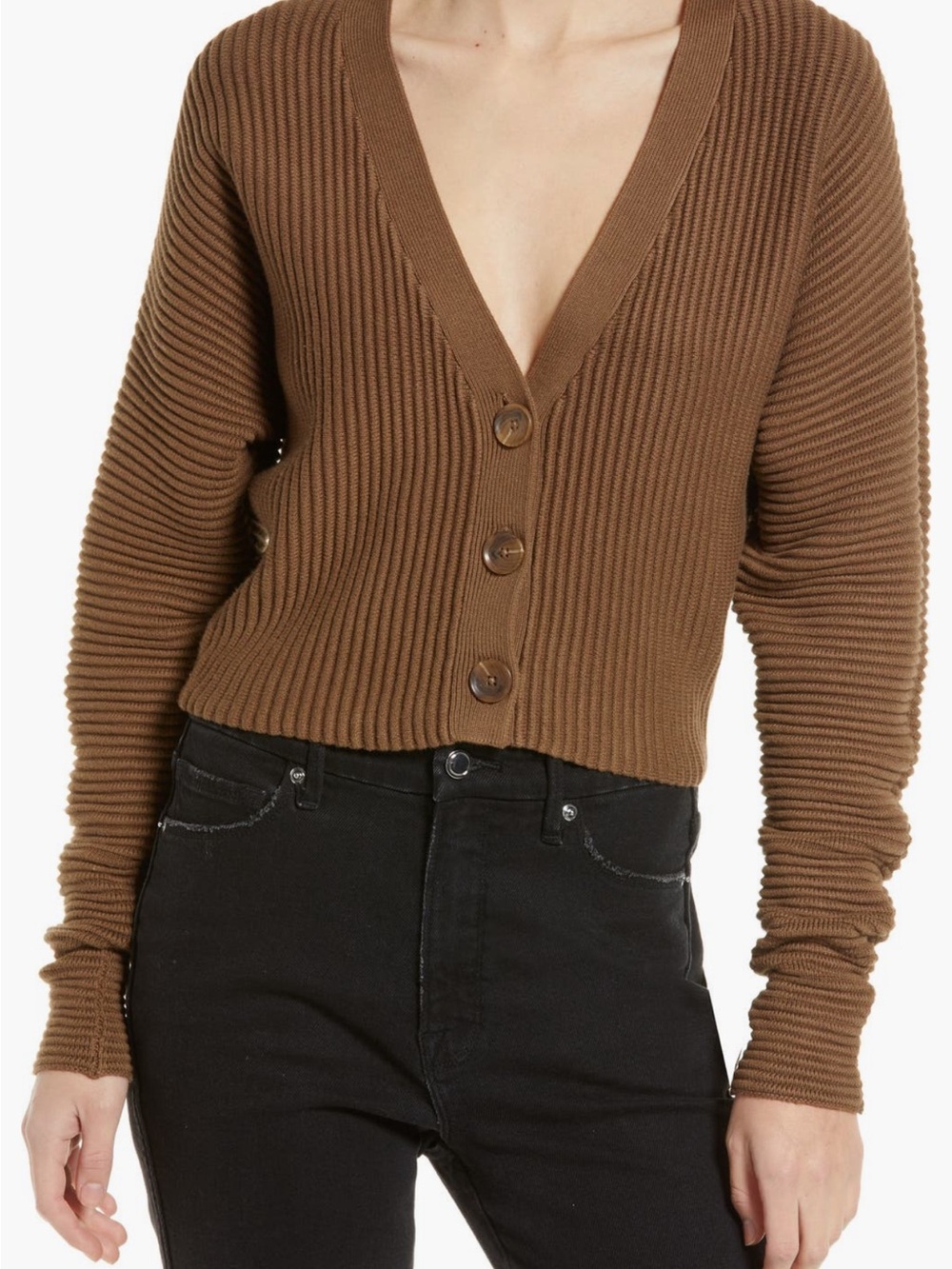Good American Brown Ribbed V-Neck Button-Front Cardigan